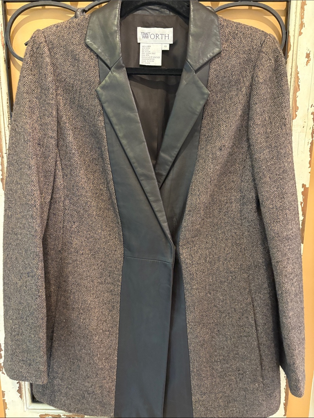 Worth Brown Tweed Blazer with Brown Leather Lapel Vintage